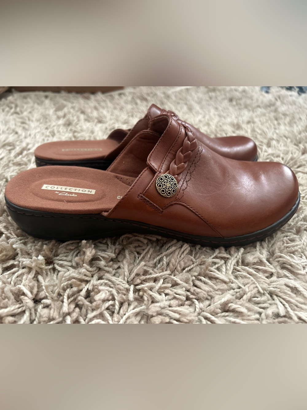 Clarks Brown Leather Braided Strap Slip-On Mules